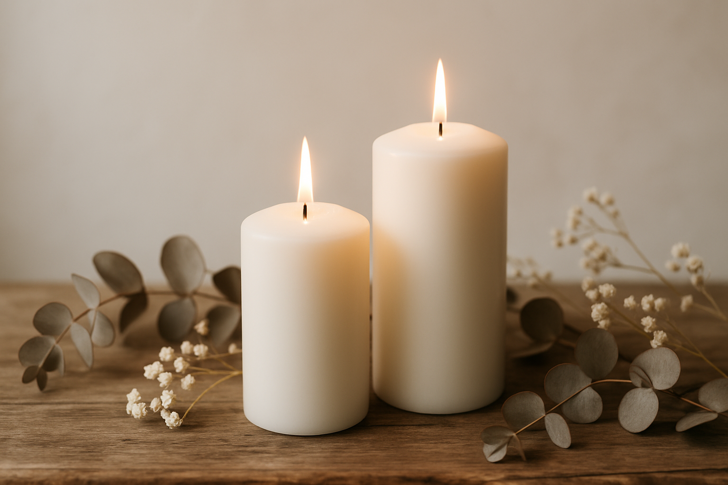 two white pillar candle with aesthetic background